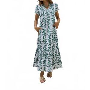 NEW EXVOTO meg dress in white/green bird blockprint